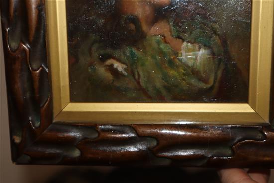 J* M* P*, Head and shoulder portrait of a young lady wearing a green dress, oil on board, 14.5 x 12cm